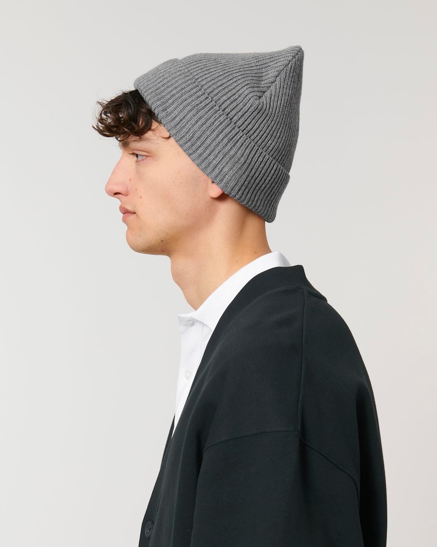 Fisherman Beanie - Mid Heather Grey - Vorderseite Detail
